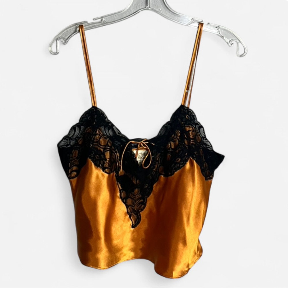 Victoria's Secret Black Lace Cami with Metallic gold Satin